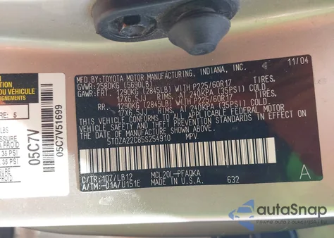 2005 Toyota Sienna Xle z USA, uszkodzony, nr VIN 5TDZA22C85S254910